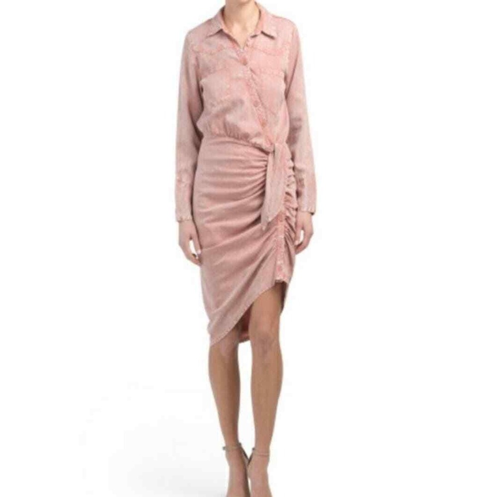 YOUNG FABULOUS BROKE Midi Dress Women Small Pink Acid Wash Ruched Western Shirt - Picture 2 of 16